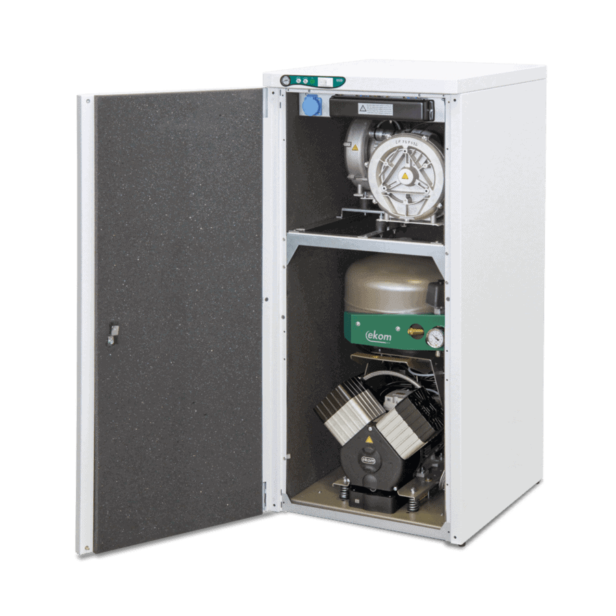 Ekom DUO 2 - компрессор с отсасывателем в одном корпусе для 2 стоматологических установок, Осушитель: без осушителя, Шумопоглощающий шкаф: со шкафом, Выходное давление (Бар): 6-8, Напряжение: 230V / 50Hz