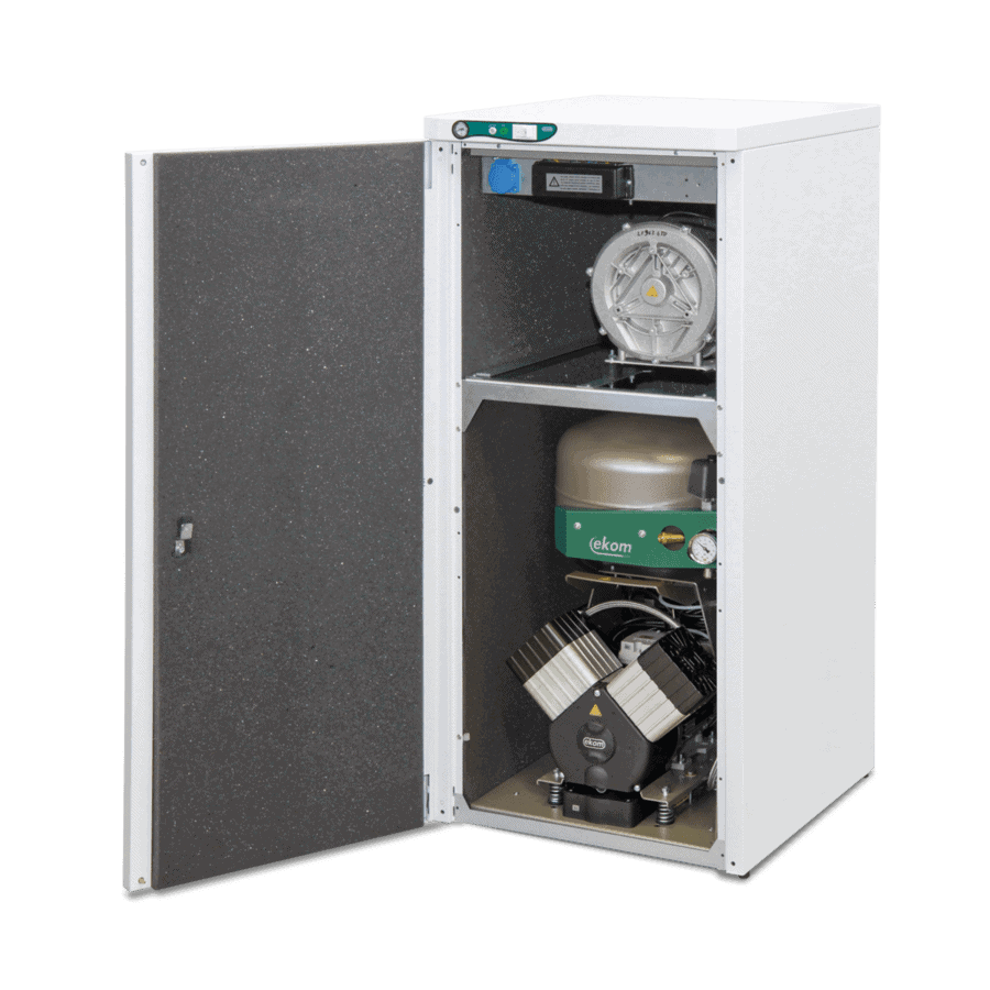 Ekom DUO 2V - компрессор с отсасывателем в двухразделённом шкафу для 1-2 стоматологических установок, Осушитель: без осушителя, Шумопоглощающий шкаф: со шкафом, Выходное давление (Бар): 6-8, Напряжение: 230V / 50Hz